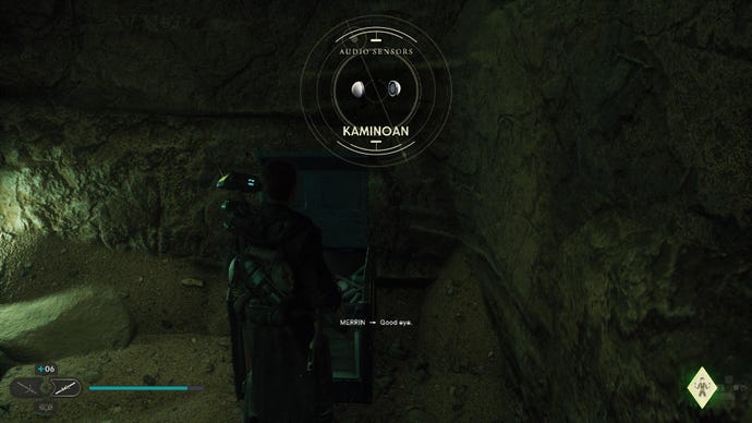 Star Wars Jedi Survivor screenshot showing Cal opening a chest in a dark cave.