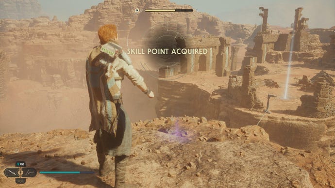 Star Wars Jedi Survivor screenshot showing Cal acquiring a skill point on a craggy ridge in the desert.