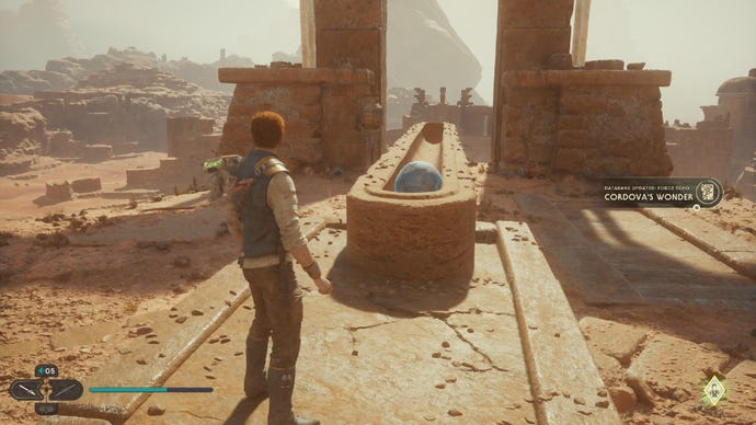 Star Wars Jedi Survivor screenshot showing Cal next to an orb on a track, on a high ridge overlooking the desert.