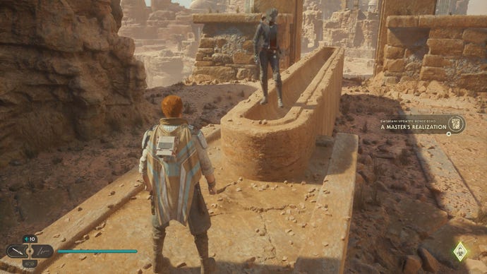 Star Wars Jedi Survivor screenshot showing Cal staring at a scan point on Jedha. Merrin is stood up ahead.