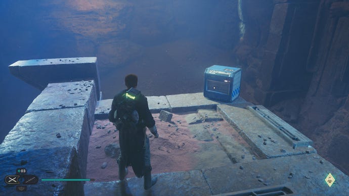 Star Wars Jedi Survivor screenshot showing Cal stood by a chest in some dark ruins on Jedha.