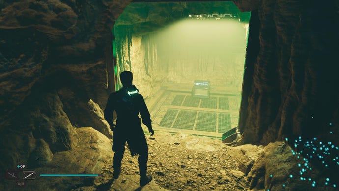 Star Wars Jedi Survivor screenshot showing Cal stood near a chest in a tunnel.
