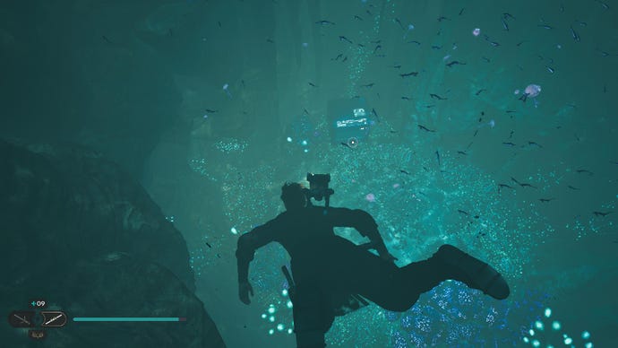 Star Wars Jedi Survivor screenshot showing Cal swimming near a chest underwater.