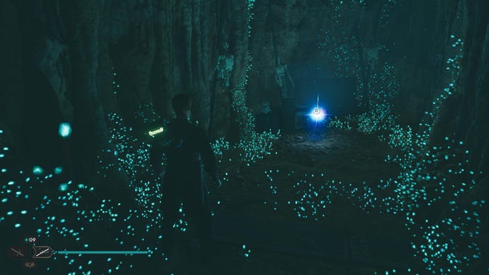 Star Wars Jedi Survivor screenshot showing Cal near a glistening Skill Point Essence in a dark cavern.