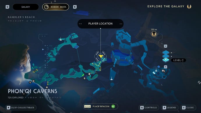Star Wars Jedi Survivor screenshot showing the location of a Skill Point Essence on the map.