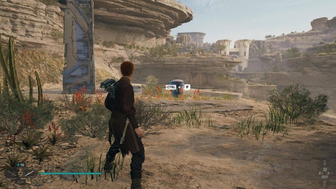 Star Wars Jedi Survivor screenshot showing Cal stood near a chest.