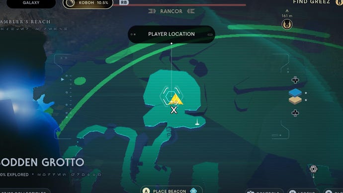 Mapa de Star Wars Jedi Survivor que muestra la ubicación del Rancor en Sodden Grotto.