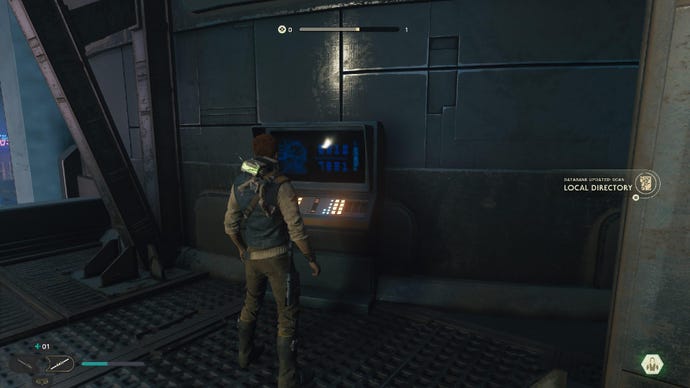 Star Wars Jedi Survivor screenshot showing Cal stood next to a scan point on Coruscant.