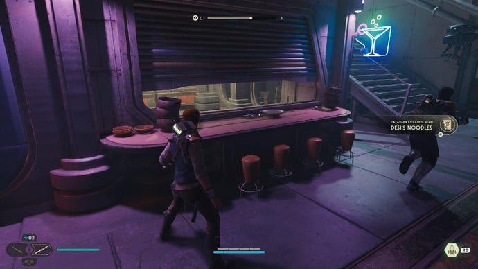 Star Wars Jedi Survivor screenshot showing Cal next to a noodle bar in pink light.