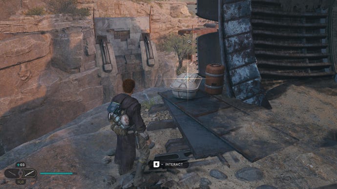 Star Wars Jedi Survivor screenshot showing Cal near a shiny glint on a cliff edge.