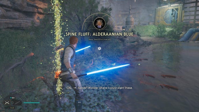 Star Wars Jedi Survivor screenshot showing Cal getting a Spine Fluff: Alderaanian Blue Seed Pod.