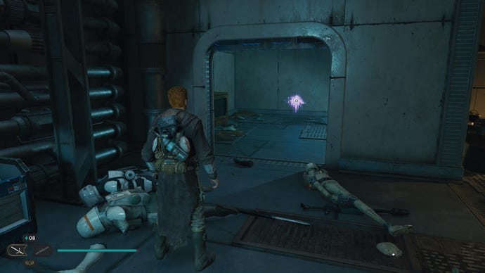 Star Wars Jedi: Survivor screenshot showing Cal Kestis staring at a purple Force Tear.