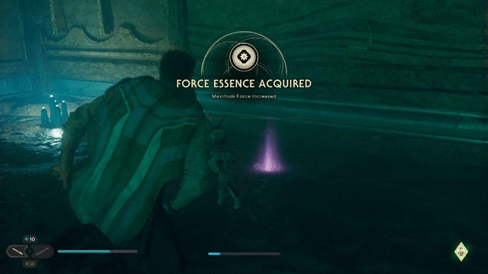 Star Wars Jedi: Survivor screenshot showing Cal crouching next to a purple glow.
