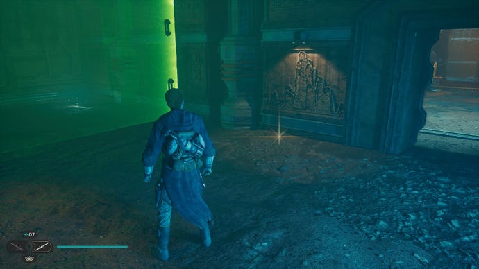 Star Wars Jedi: Survivor screenshot showing Cal stood by a green laser door, with a glinting treasure nearby.
