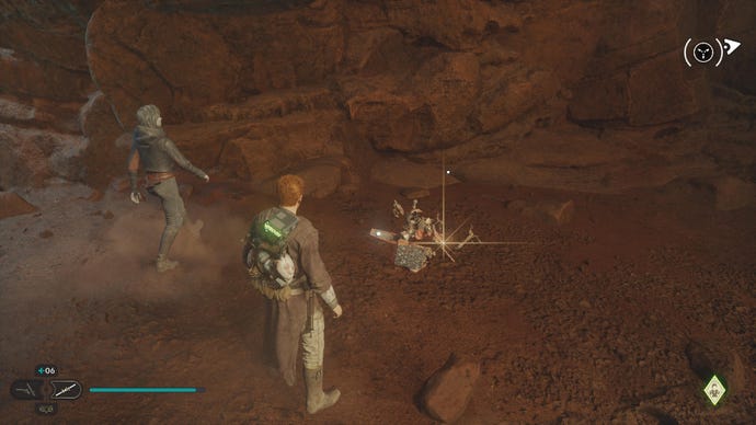 Star Wars Jedi Survivor screenshot showing Cal and Merrin stood by a destroyed Scavenger Droid.