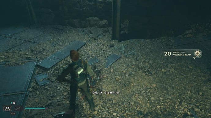 Star Wars Jedi Survivor screenshot showing Cal getting a Priorite Shard in a cave.