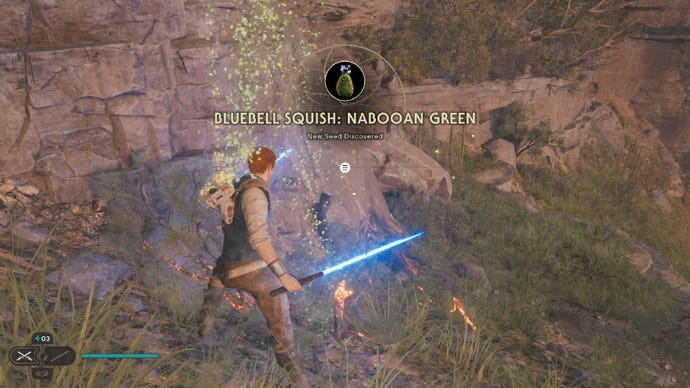 Star Wars Jedi Survivor screenshot showing Cal wielding a lightsaber and grabbing a seed pod.