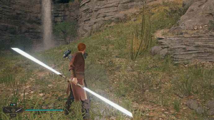 Star Wars Jedi Survivor screenshot showing Cal wielding a lightsaber and grabbing a seed pod.