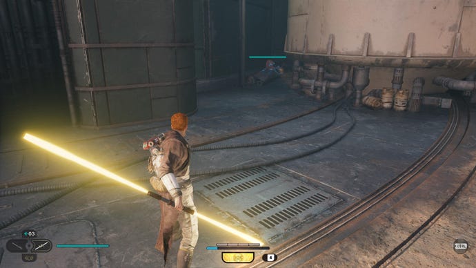 Star Wars Jedi Survivor screenshot showing Cal near a Datadisc Scavenger Droid.