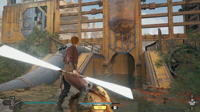 Star Wars Jedi Survivor screenshot showing Cal near a Priorite Shard while wielding a dual-bladed lightsaber.