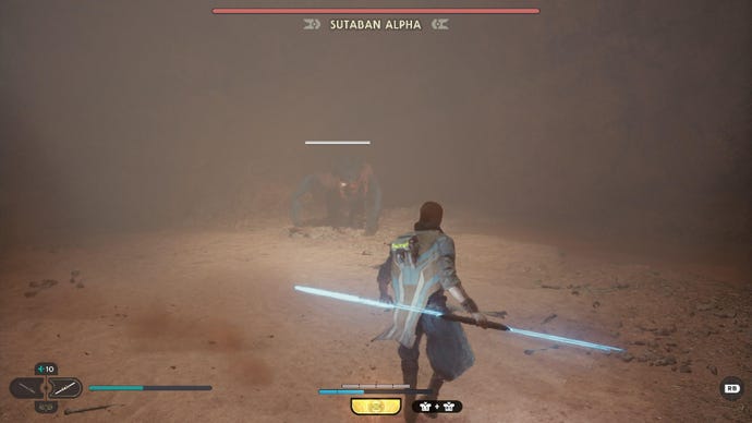 Captura de pantalla de Star Wars Jedi Survivor que muestra a Cal empuñando un sable de luz azul de doble pala y corriendo hacia el Alfa Sutaban