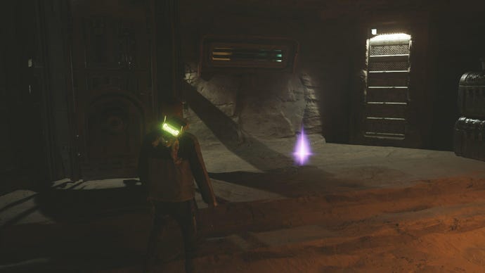 Star Wars Jedi Survivor screenshot showing Cal stood near a purple force essence in the archives.