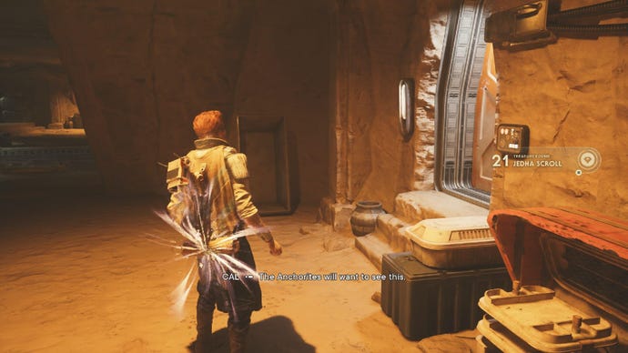 Star Wars Jedi Survivor screenshot showing Cal finding a Jedha Scroll in The Archives.