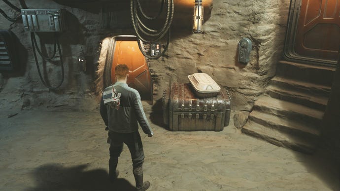 Star Wars Jedi Survivor screenshot showing Cal stood near a crate in the archives.