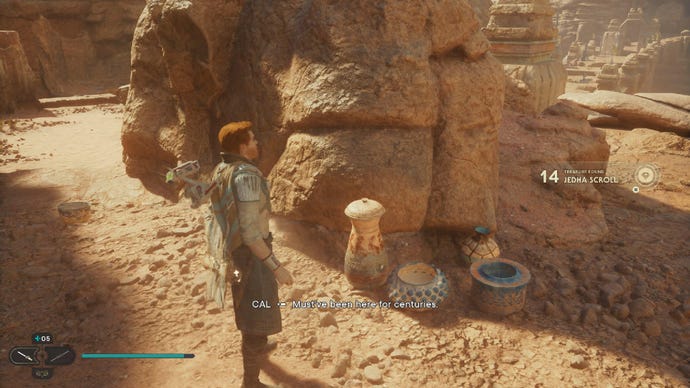 Star Wars Jedi: Survivor screenshot showing Cal stood in the desert, near some pots scattered at the base of a sandswept rock.