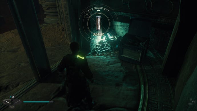 Star Wars Jedi: Survivor screenshot showing Cal staring at a chest in a dark room, near a dim green light.