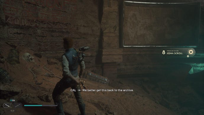 Star Wars Jedi: Survivor screenshot showing Cal on a sandy slope, with a pop-up noting that he just received a Jedha scroll.