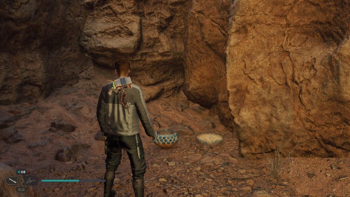 Star Wars Jedi Survivor screenshot showing Cal staring at some smashed pots on the floor.