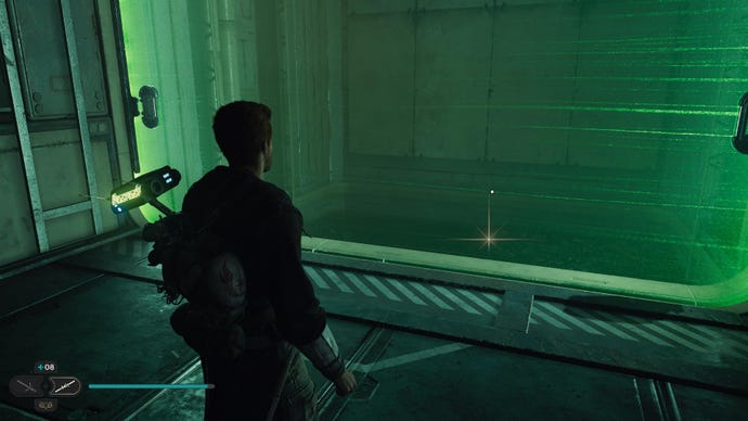 Star Wars Jedi Survivor screenshot showing Cal staring through a green laser barrier at a Priorite Shard.