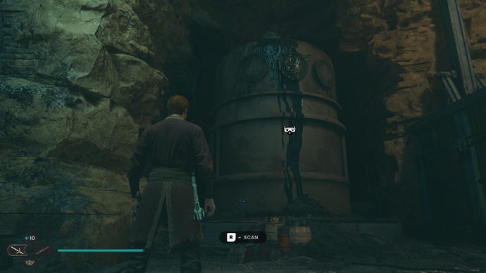 Star Wars Jedi Survivor screenshot showing Cal staring at a leaking silo scan point.