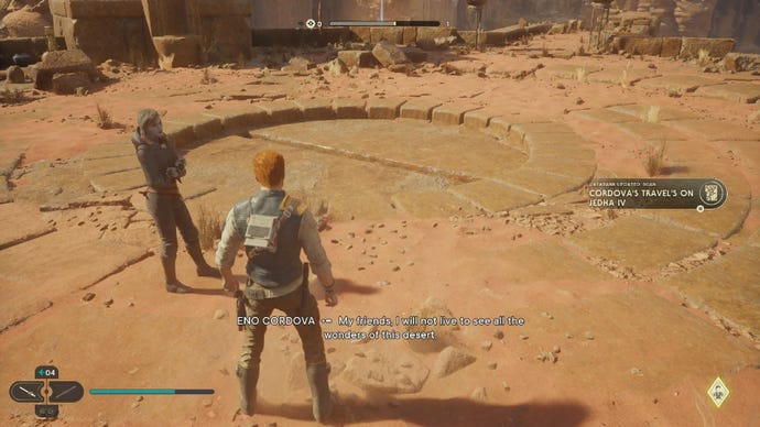 Star Wars Jedi Survivor screenshot showing Cal staring at a large sealed circle on the floor of a tomb.
