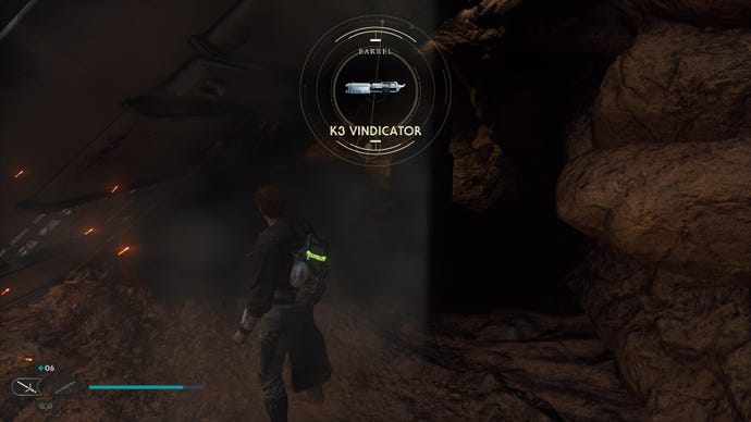 Star Wars Jedi: Survivor screenshot showing Cal staring at a chest in a dark cave.