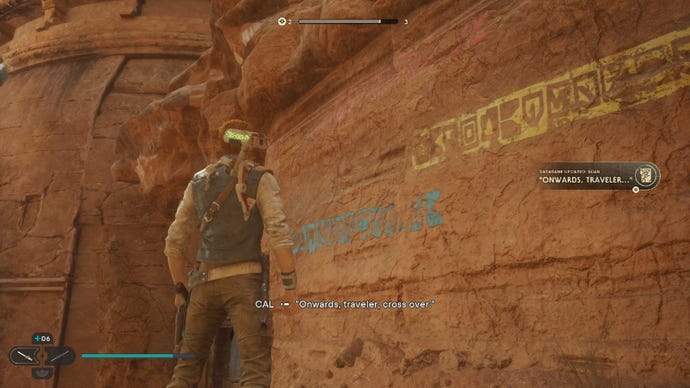 Star Wars Jedi: Survivor screenshot showing Cal staring at a rock wall in the desert. The wall has runes painted on the side.