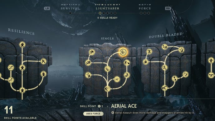 Star Wars Jedi Survivor screenshot showing the skill tree with Aerial Ace highlighted.