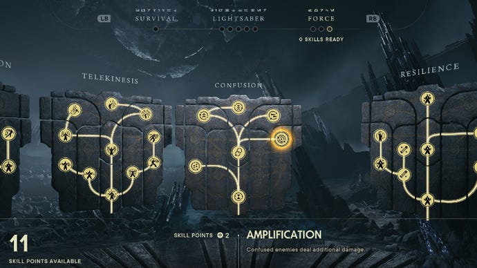 Star Wars Jedi Survivor screenshot showing the skill tree with Amplification highlighted.