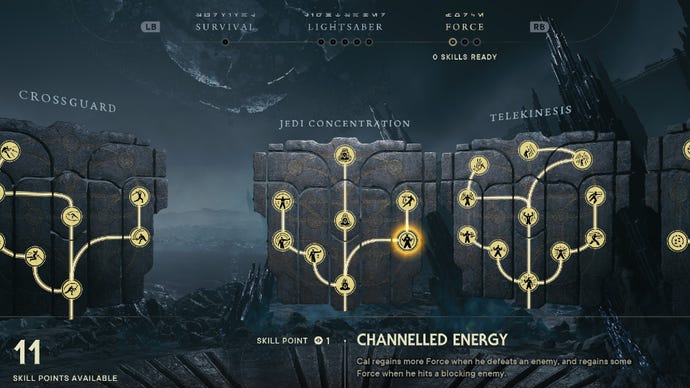 Star Wars Jedi Survivor screenshot showing the skill tree with Channelleld Energy highlighted.