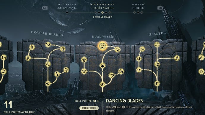 Star Wars Jedi Survivor screenshot showing the skill tree with Dancing Blades highlighted.