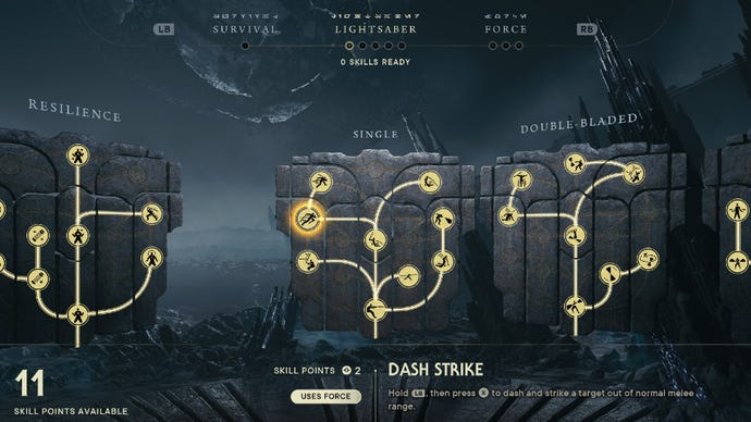 Star Wars Jedi Survivor screenshot showing the skill tree with Dash Strike highlighted.