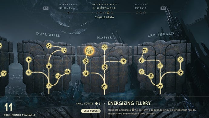 Star Wars Jedi Survivor screenshot showing the skill tree with Energizing Flurry highlighted.