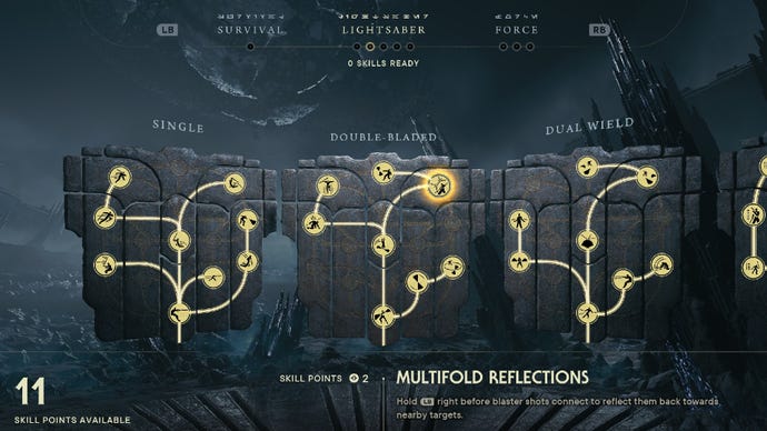 Star Wars Jedi Survivor screenshot showing the skill tree with Multifold Reflections highlighted.