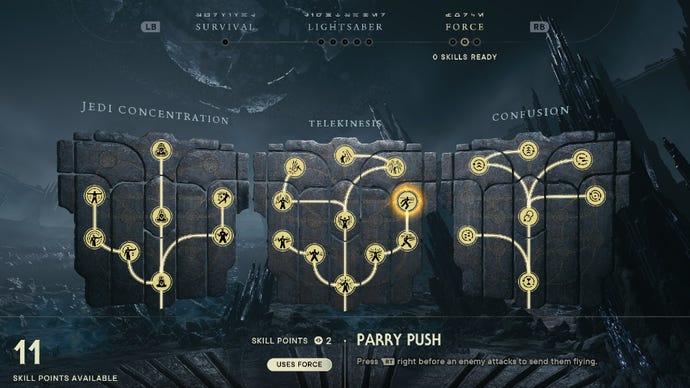 Star Wars Jedi Survivor screenshot showing the skill tree with Parry Push highlighted.