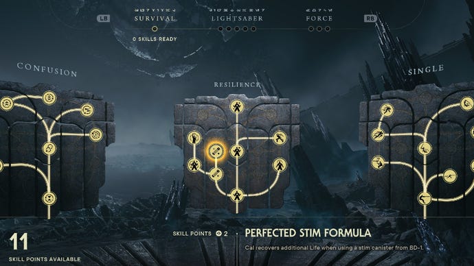 Star Wars Jedi Survivor screenshot showing the skill tree with Perfected Stim Formula highlighted.