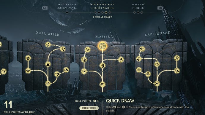 Star Wars Jedi Survivor screenshot showing the skill tree with Quick Draw highlighted.