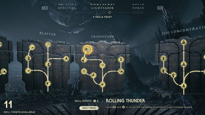 Star Wars Jedi Survivor screenshot showing the skill tree with Rolling Thunder highlighted.