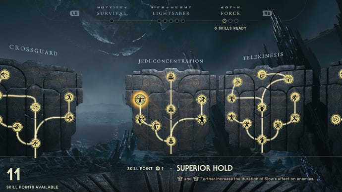Star Wars Jedi Survivor screenshot showing the skill tree with Superior Hold highlighted.