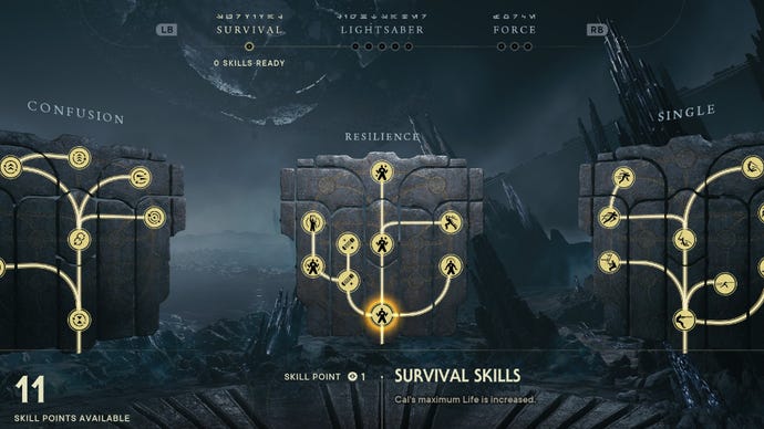 Star Wars Jedi Survivor screenshot showing the skill tree with Survival Skills highlighted.